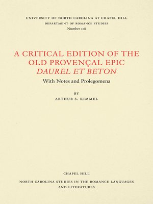 cover image of A Critical Edition of the Old Provençal Epic Daurel et Beton